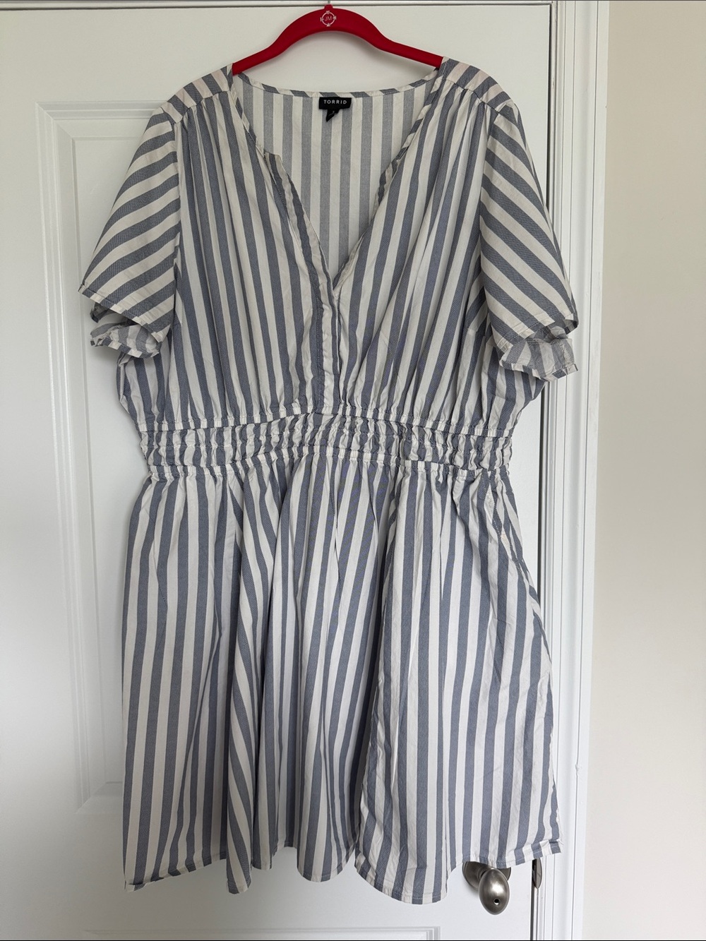 Striped V-Neck Mini Dress with Elastic Waist - Blue/White